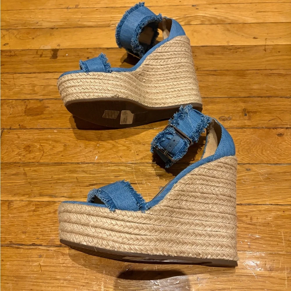 SCHUTZ Blue Frayed Denim Espadrille Wedge Sandals - Picture 3 of 5